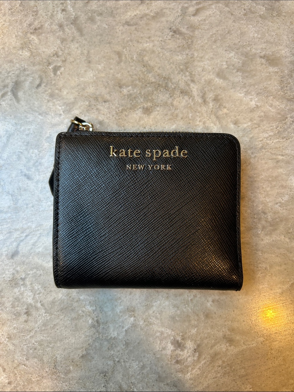 kate spade black saffiano card wallet with gold zipper